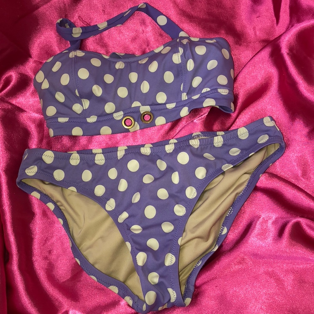 J.Crew purple/ cream polka dot 2 piece swim wear